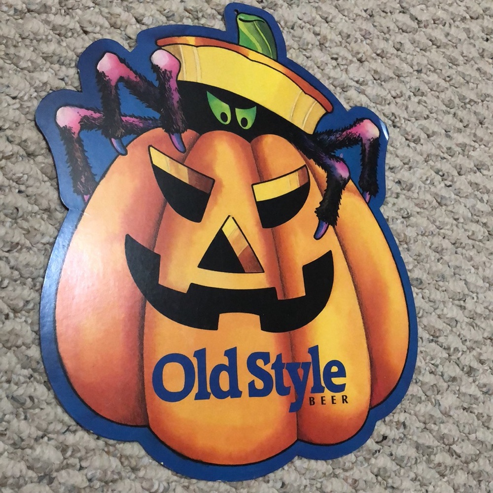 Vintage rare Old Style Beer cardboard sign, Halloween pumpkin spider